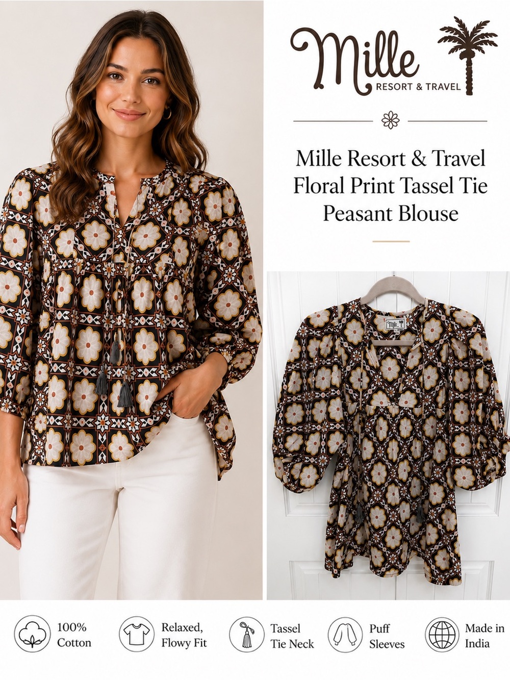 Mille Floral Print Tassel Tie Peasant Blouse - Black/Cream